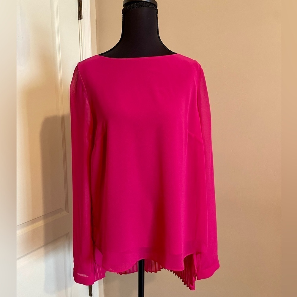 Badgley Mischka Long Sleeve Top Blouse Fuchsia Pink Size S Pleated Back Designer